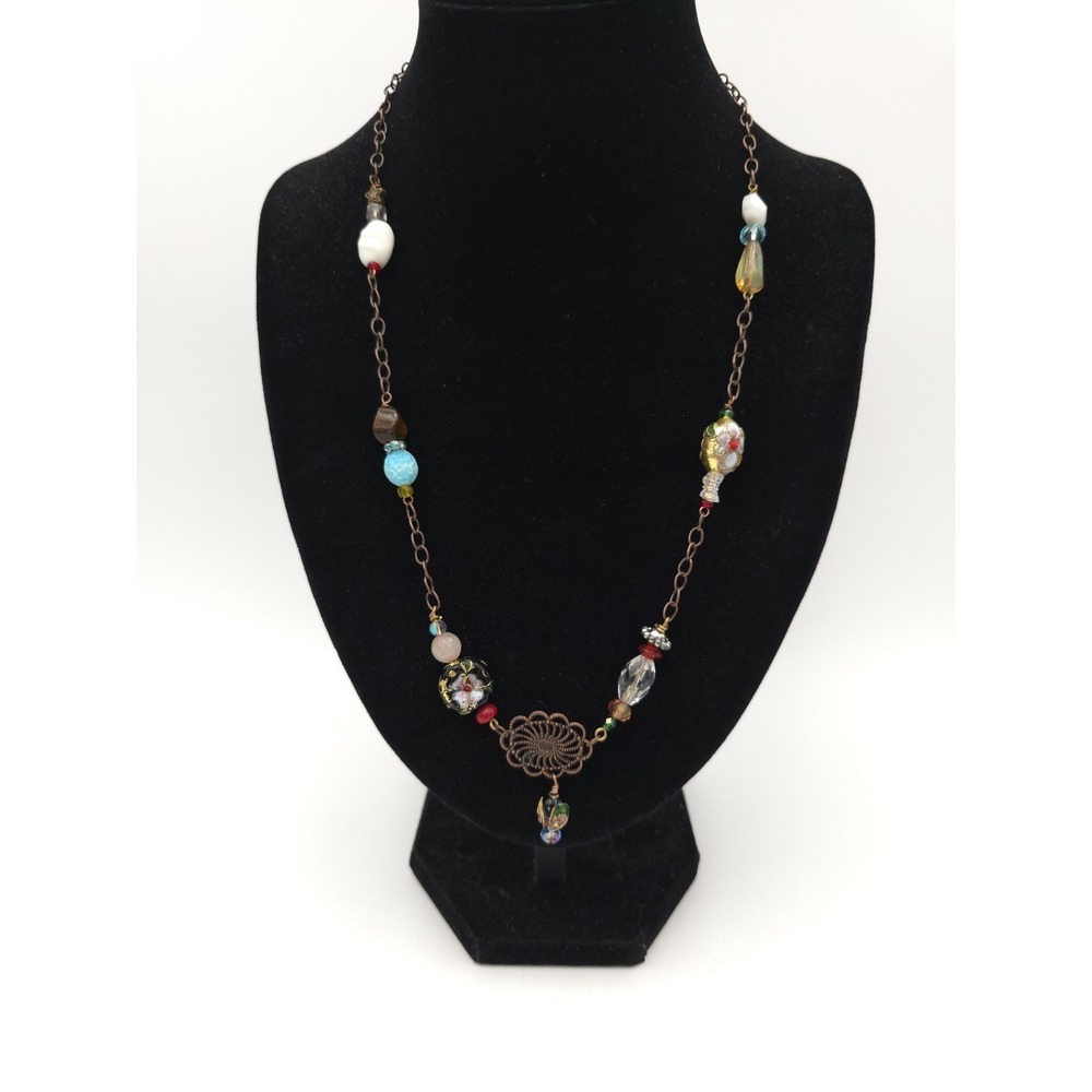 Mixed‎ Material Necklace Cloisonne Acrylic Beads Copper Color Boho